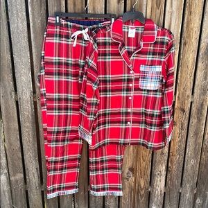 Lands End M Pajamas Red Plaid Set Pants Shirt Medium Classic Tartan Flannel